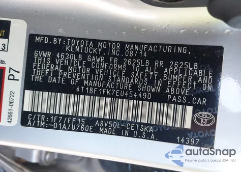 2014 Toyota Camry Se из США, поврежденный, VIN 4T1BF1FK7EU454490